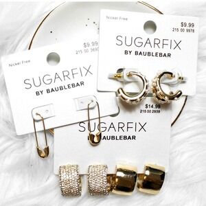 Baublebar Earrings Set 4 Pairs of Gold Hoops Pearl Huggies Retro Safety Pin